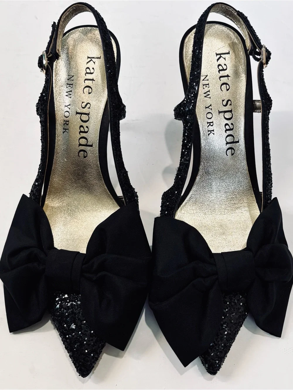 Kate Spade Sheela Black Glitter Silk Bow Slingback Pointed Toe Party Heel Pumps